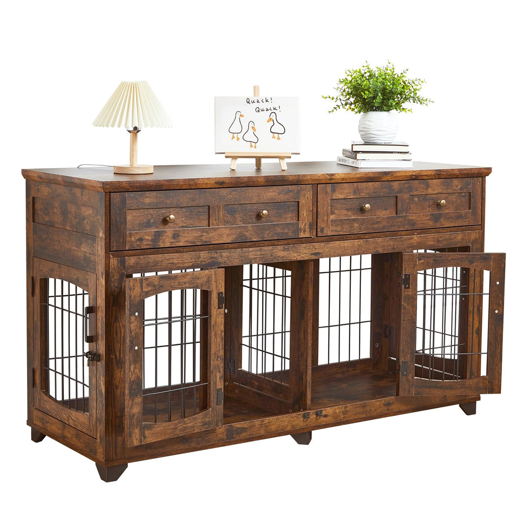 Dailypets 58-Inch Double Dog Crate Furniture with 5 Doors and Storage Drawers