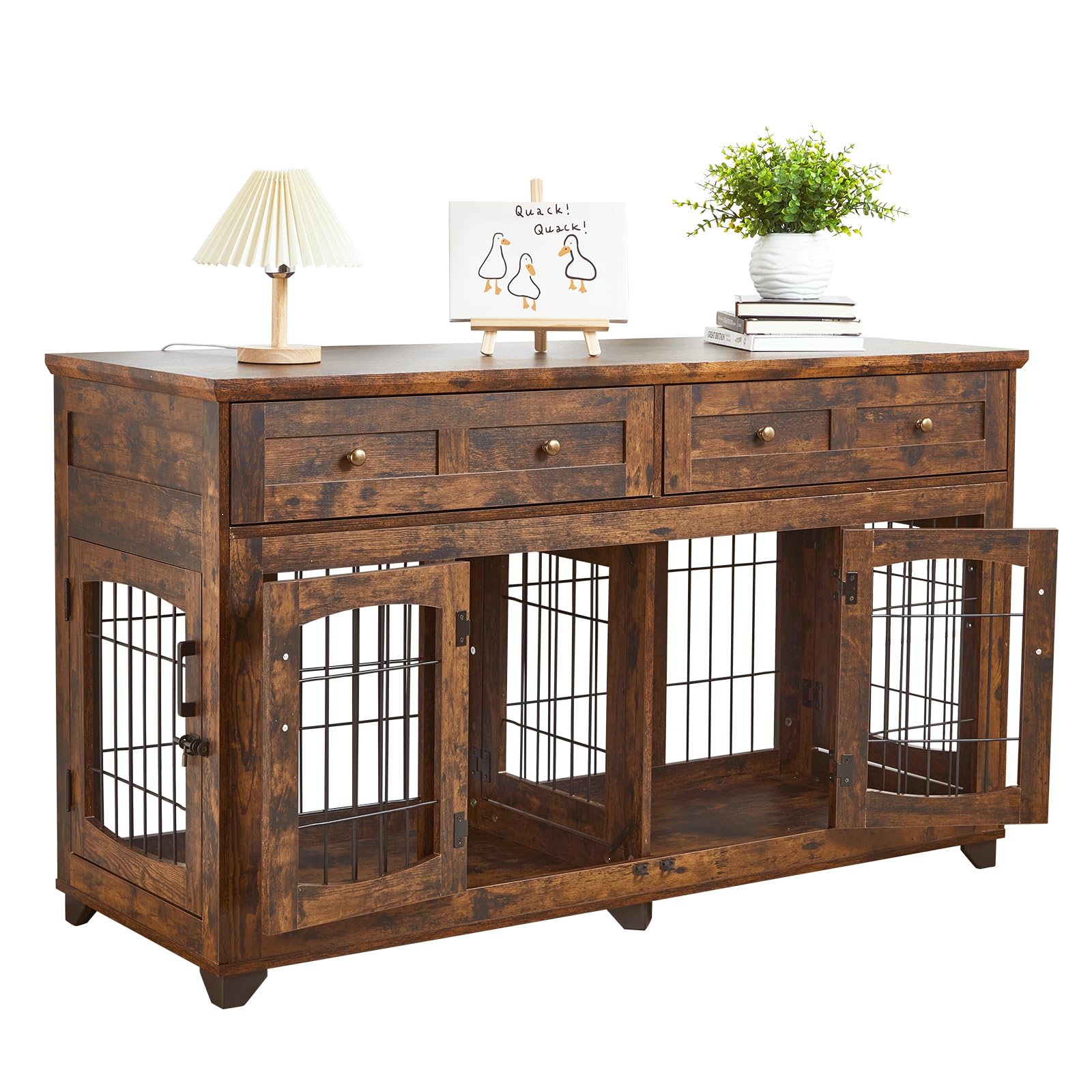 Dailypets 58-Inch Double Dog Crate Furniture with 5 Doors and Storage Drawers