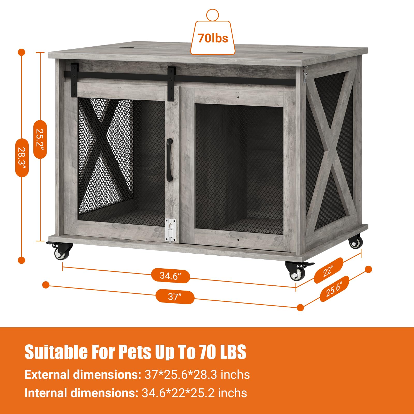 Dailypets Furniture Style Dog Crate End Table with Sliding Barn Door & Flip-Top Access