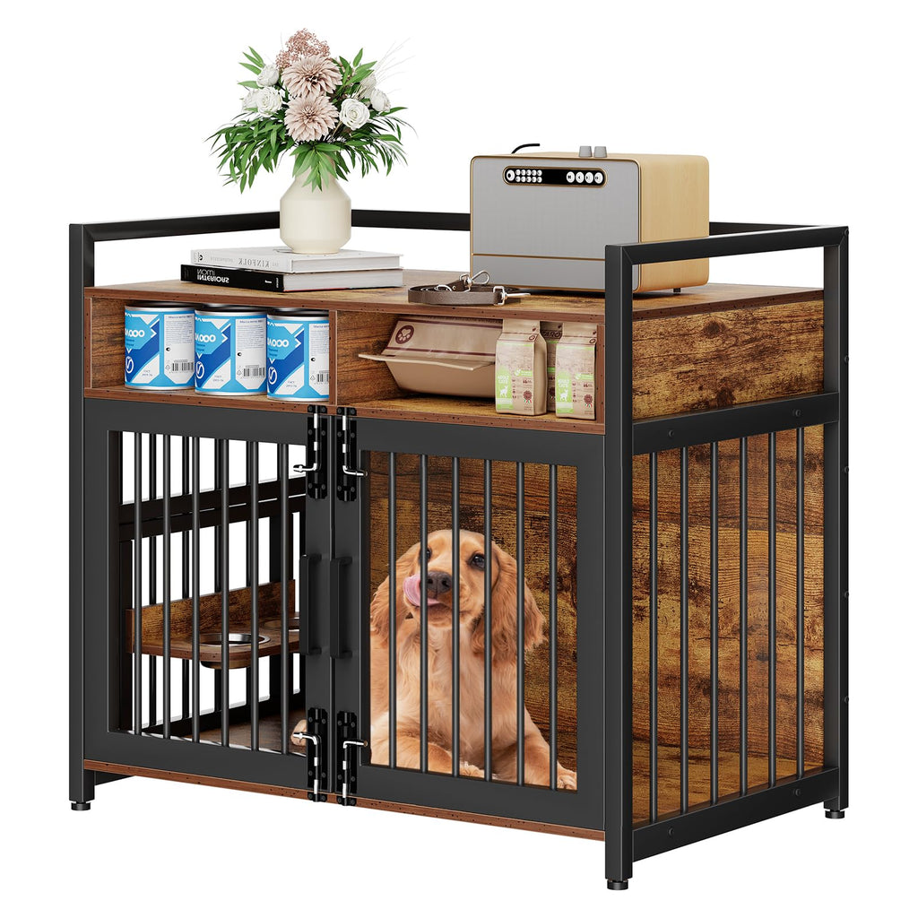 Dailypets Wooden Dog Crate Furniture with Adjustable Stainless Steel Feeder