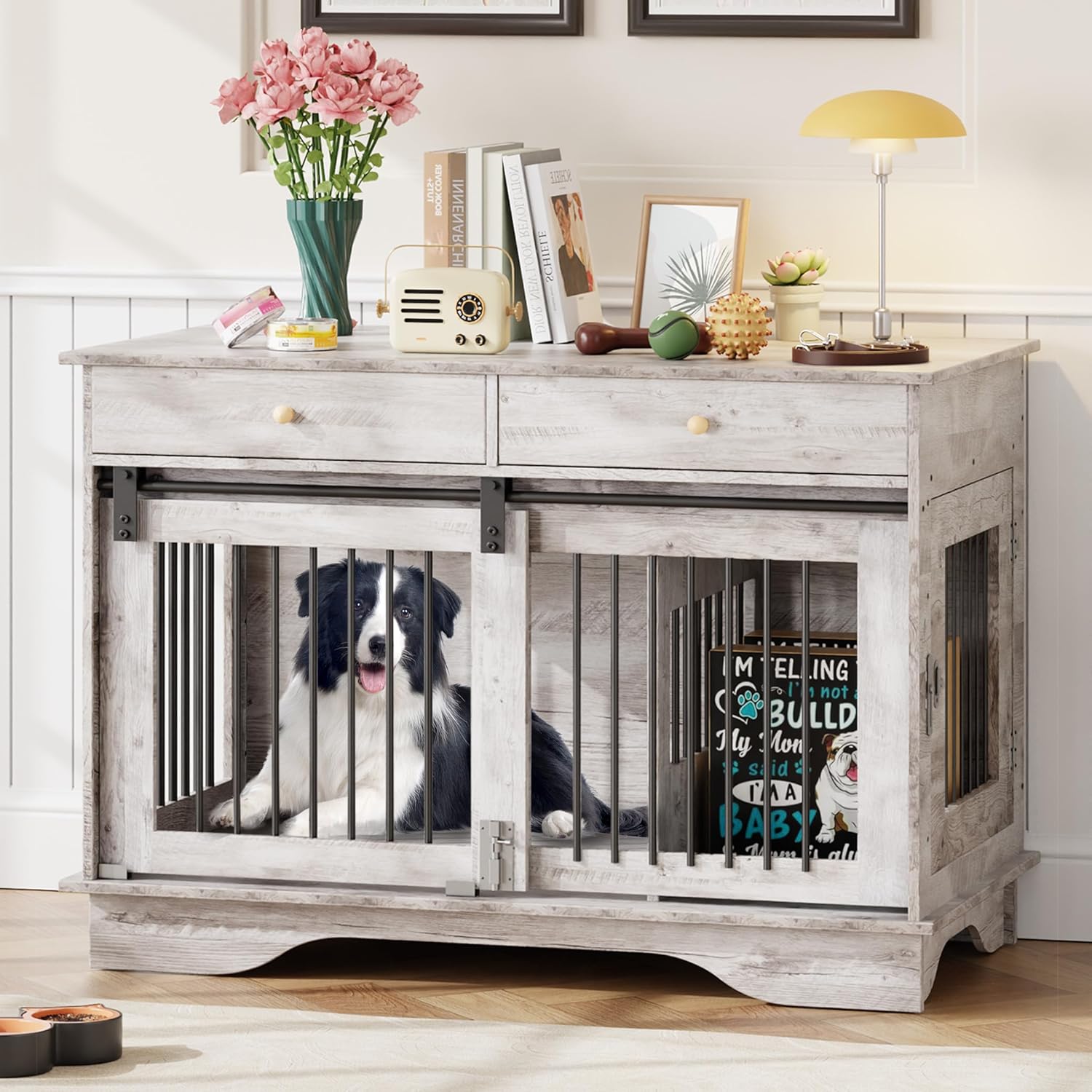 Dailypets 47-Inch Double Dog Crate Furniture with 2 Drawers and Removable Divider