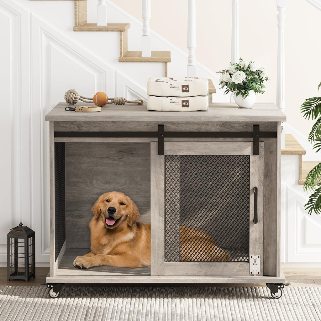 Dailypets Furniture Style Dog Crate End Table with Sliding Barn Door & Flip-Top Access