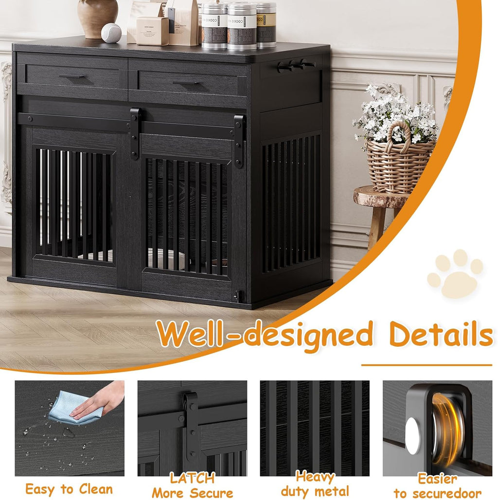 Dailypets Heavy Duty Dog Crate Furniture with Sliding Barn Door and Storage Drawers