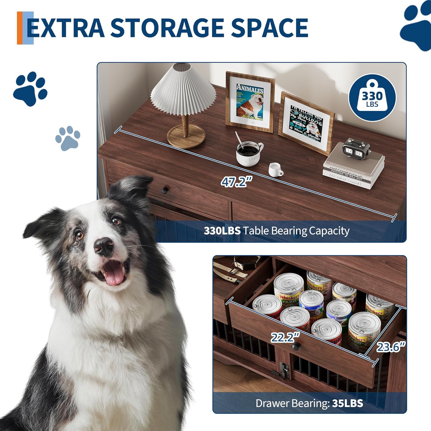 Dailypets 47-Inch Dog Crate Furniture with Storage Drawers and Triple Doors