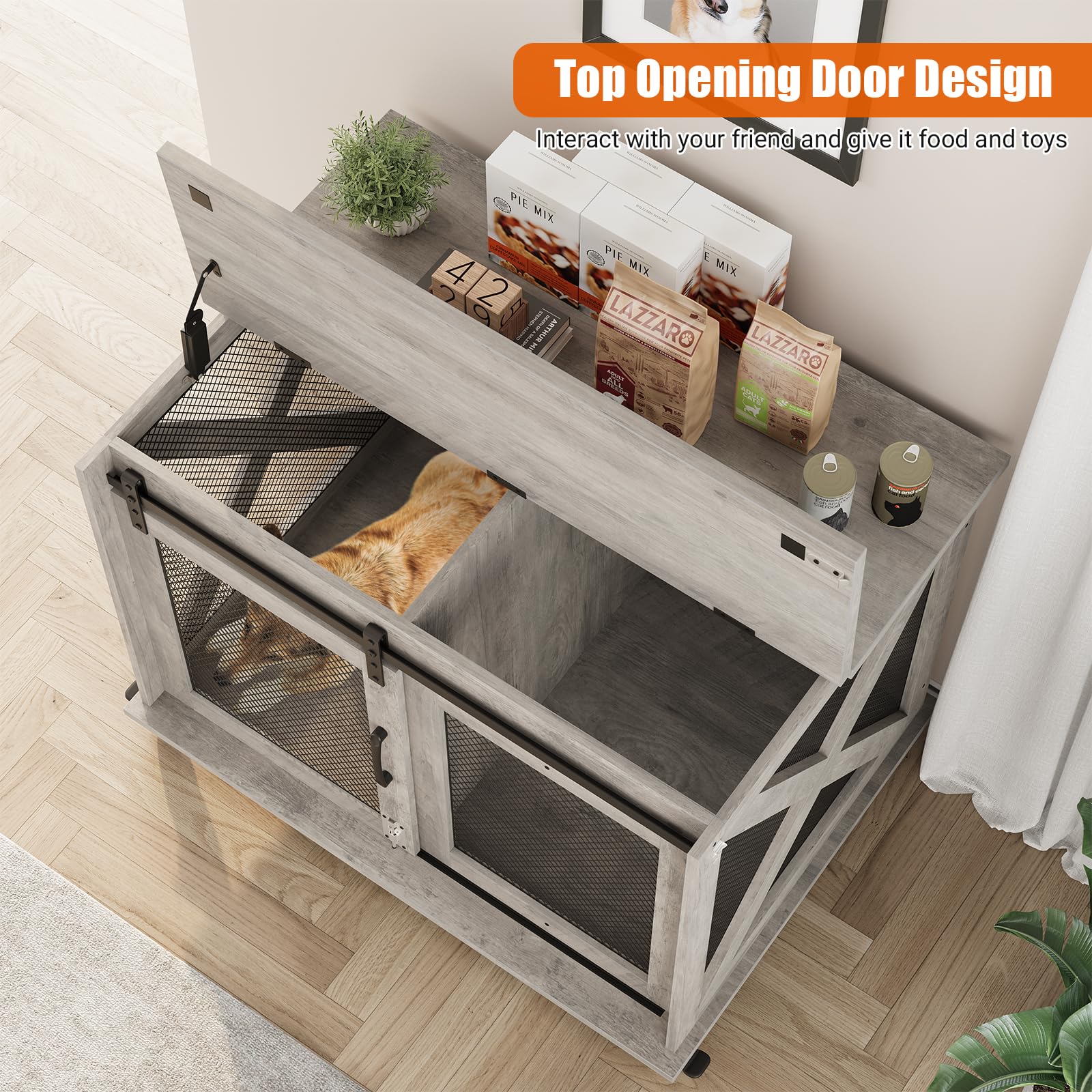 Dailypets Furniture Style Dog Crate End Table with Sliding Barn Door & Flip-Top Access