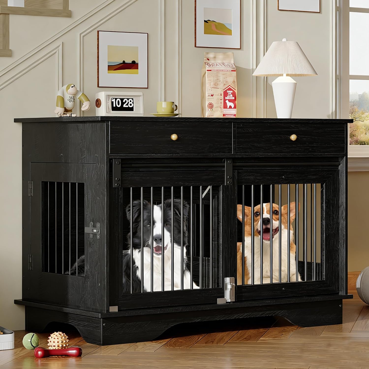 Dailypets 47-Inch Double Dog Crate Furniture with 2 Storage Drawers