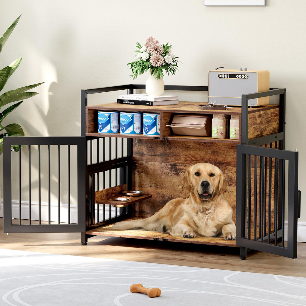Dailypets Wooden Dog Crate Furniture with Adjustable Stainless Steel Feeder
