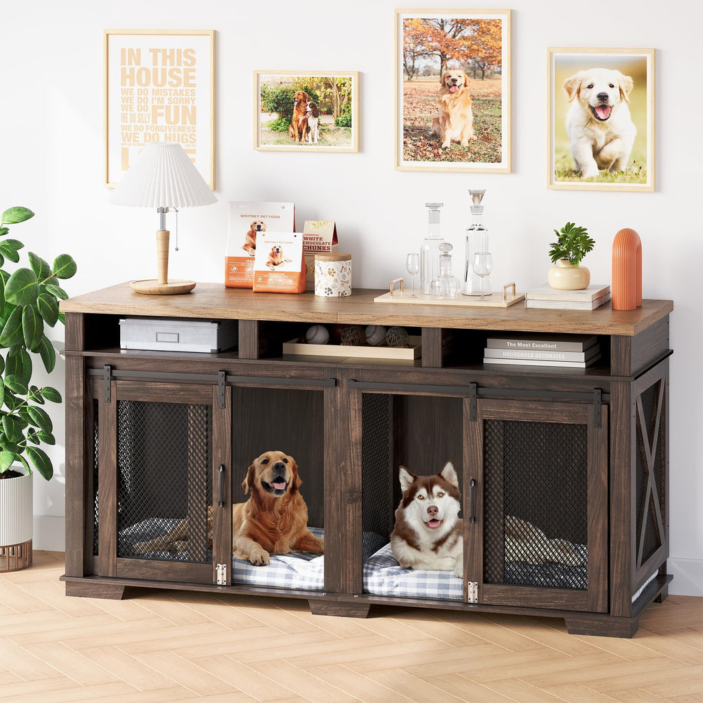 Dailypets Double Dog Crate Furniture with Storage Shelves and Removable Divider