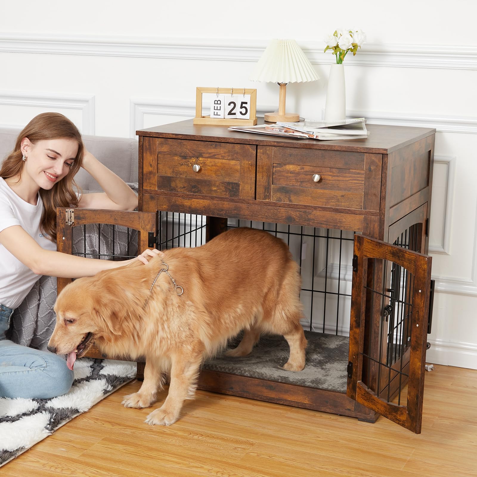 Dailypets Wooden Dog Crate Furniture with Cushion and 2 Storage Drawers