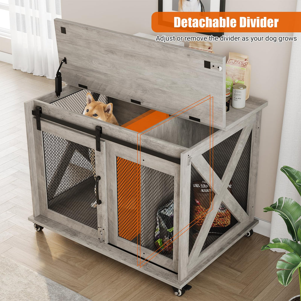 Dailypets Furniture Style Dog Crate End Table with Sliding Barn Door & Flip-Top Access