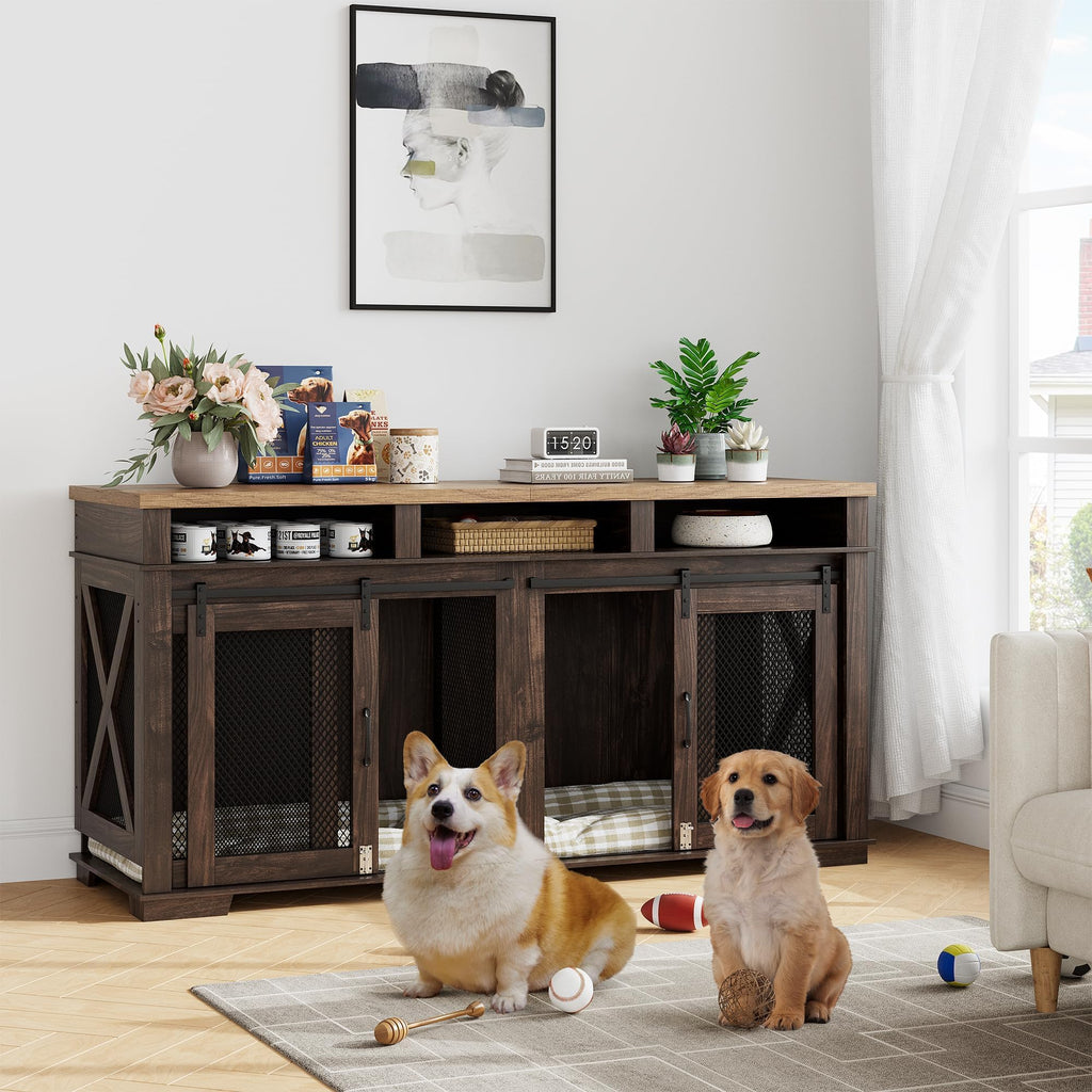 Dailypets Double Dog Crate Furniture with Storage Shelves and Removable Divider