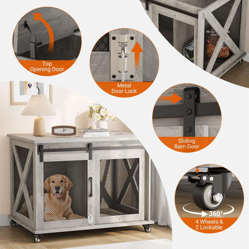 Dailypets Furniture Style Dog Crate End Table with Sliding Barn Door & Flip-Top Access