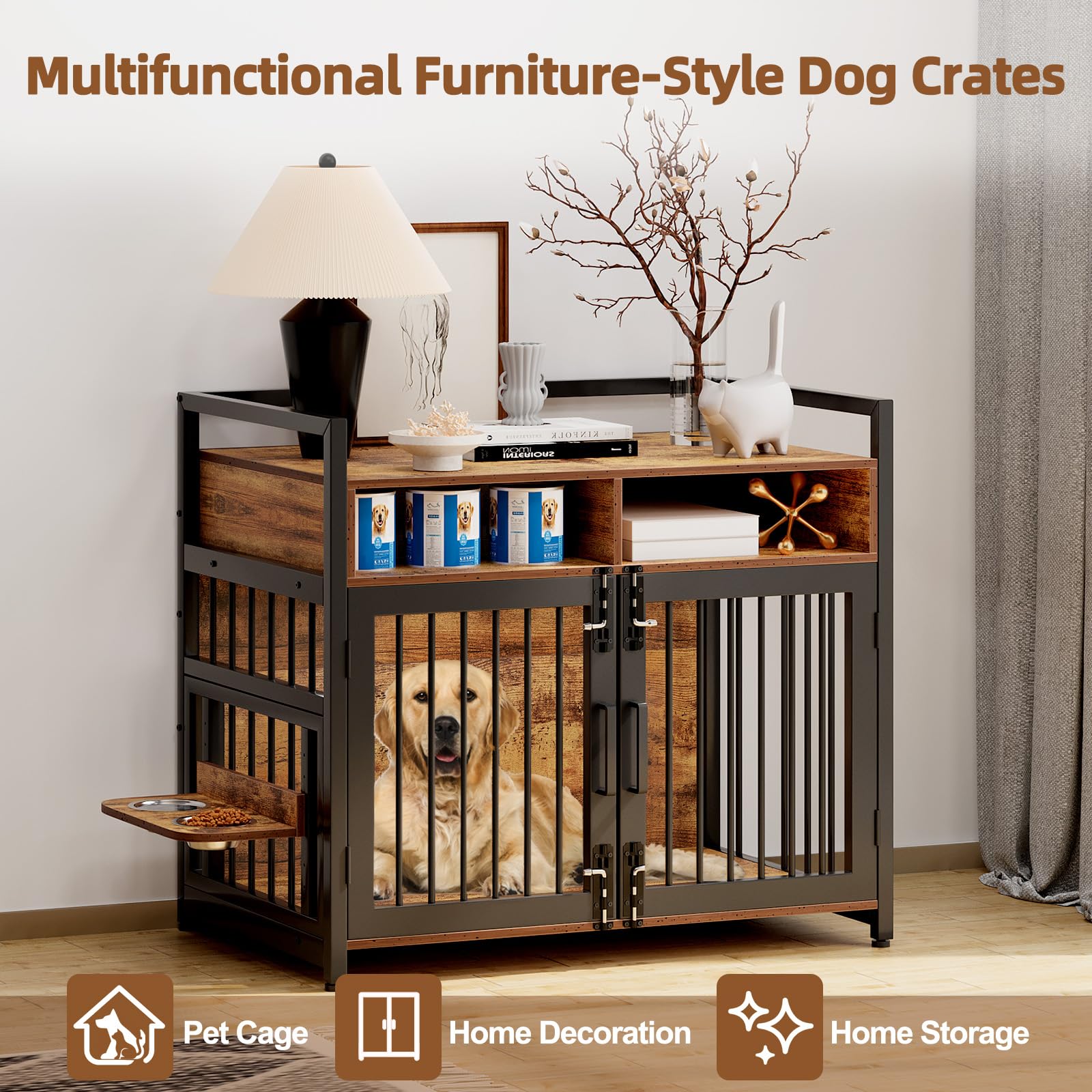 Dailypets Wooden Dog Crate Furniture with Adjustable Stainless Steel Feeder