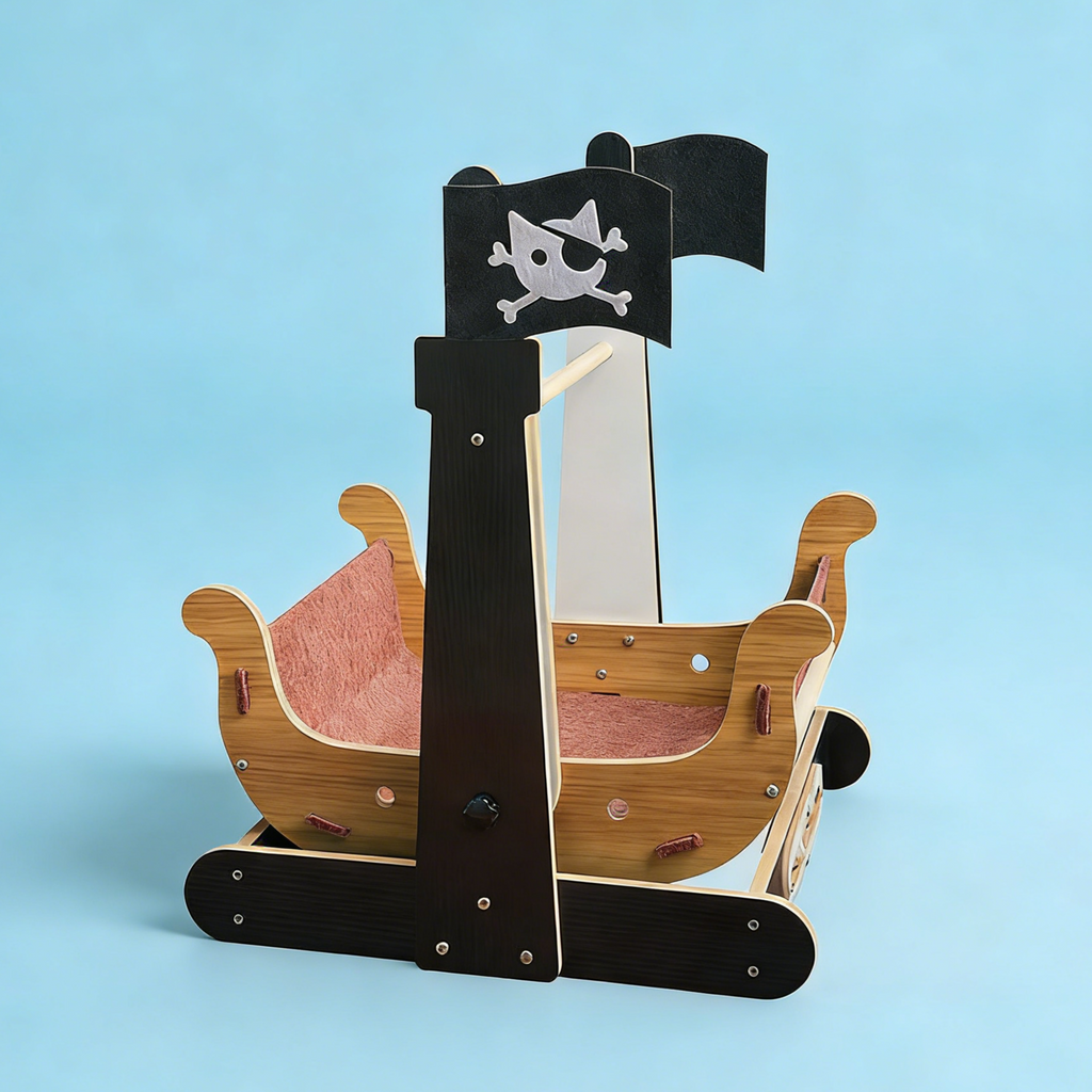 Dailypets Pirate Ship Cat Hammock Bed with Wooden Frame and Lockable Swing Design