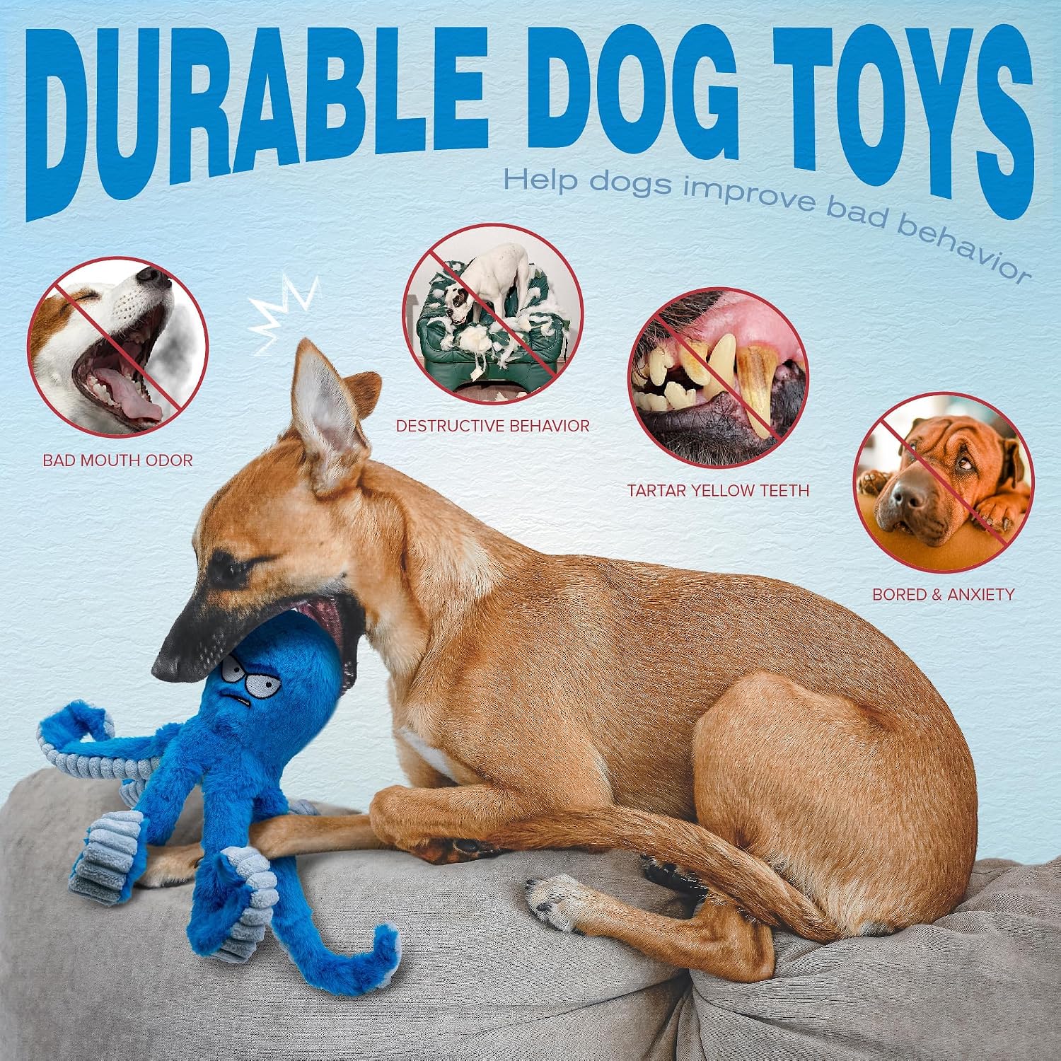 Dailypets Interactive Octopus Dog Plush Toy with Squeaky Crinkle Tug Design