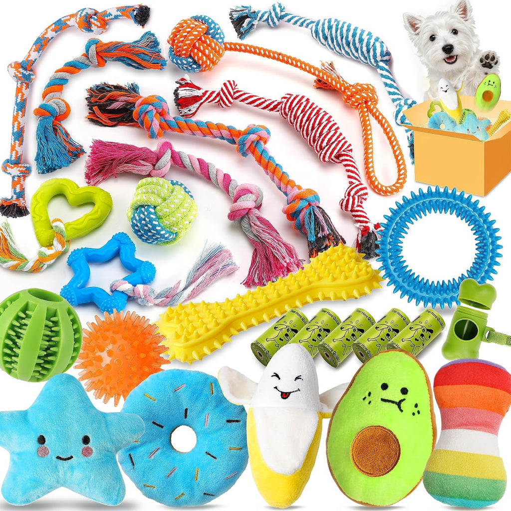 Dailypets 25 Piece Puppy Toy Set with Rope Toys Plush Toys Treat Ball and Rubber Chews
