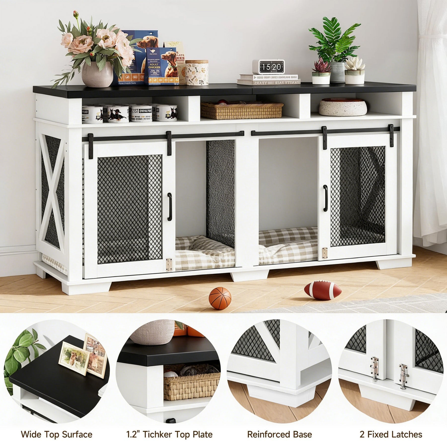 Dailypets 71-Inch Double Dog Crate Furniture with Storage Shelves and Divider
