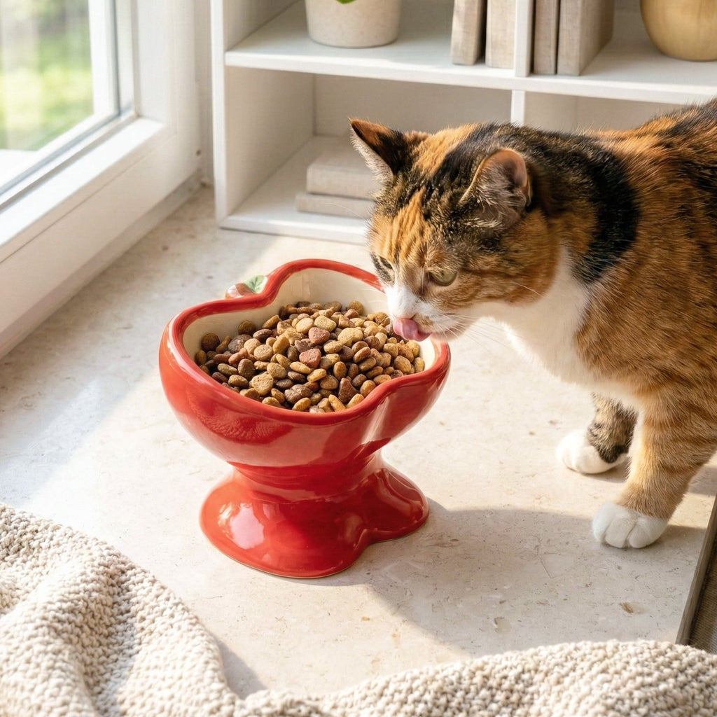 Dailypets Raised Ceramic Cat Food Bowl Apple Style Feeding Dish