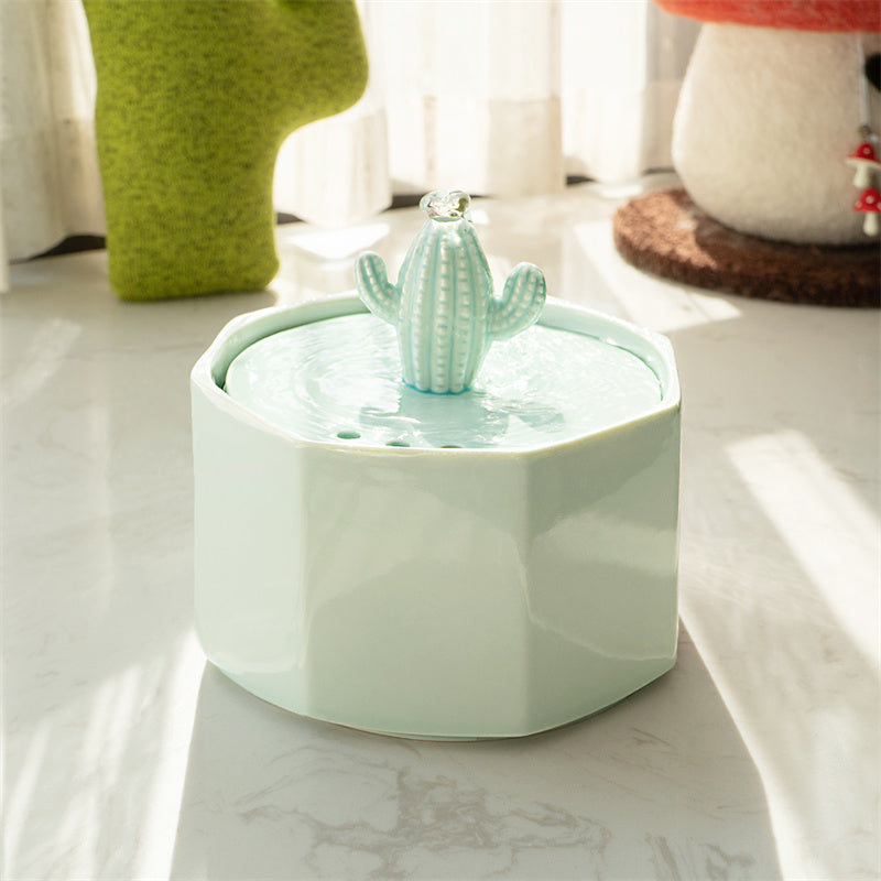 Dailypets Ceramic Cactus Cat Water Fountain 50oz with Automatic Filtration