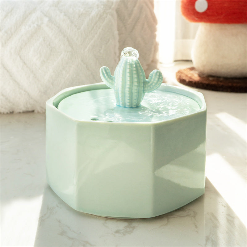 Dailypets Ceramic Cactus Cat Water Fountain 50oz with Automatic Filtration