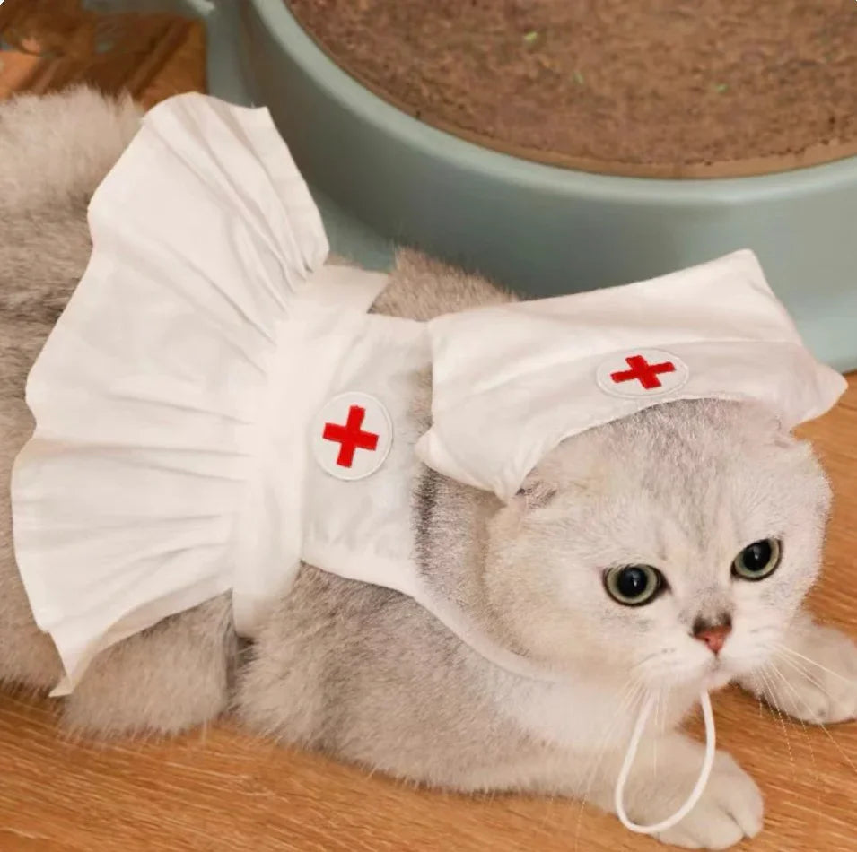 Dailypets Nurse Cat Dress with Matching Medical Cap for Photo Sessions