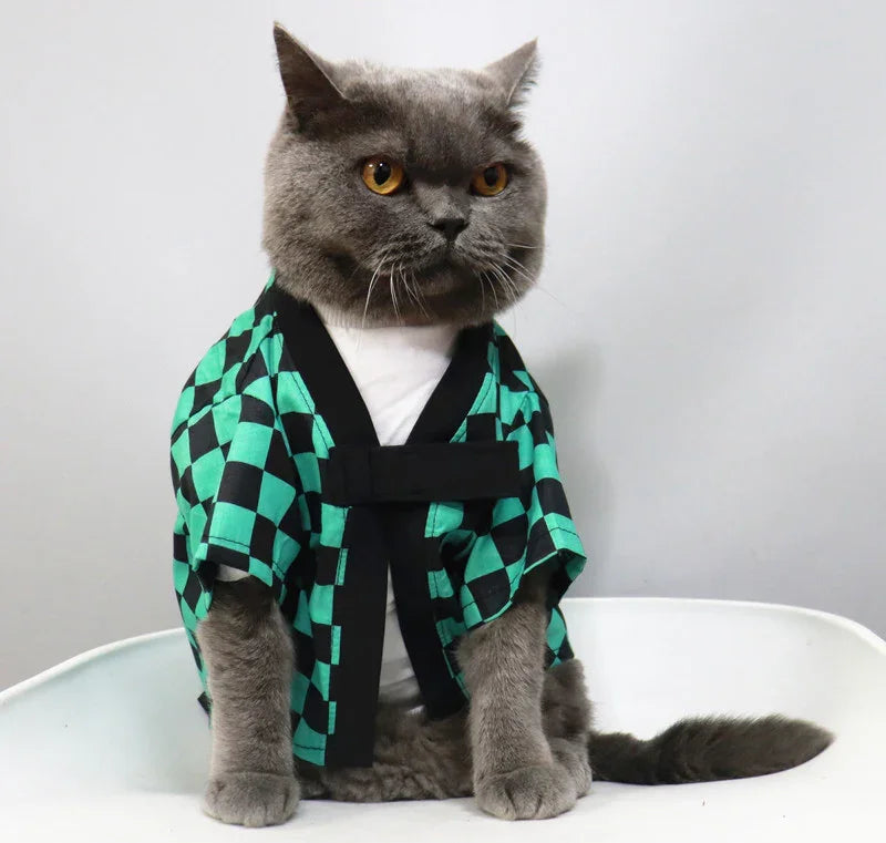 Dailypets Elegant Cat Kimono with Iconic Checkered Pattern for Everyday Dress-Up
