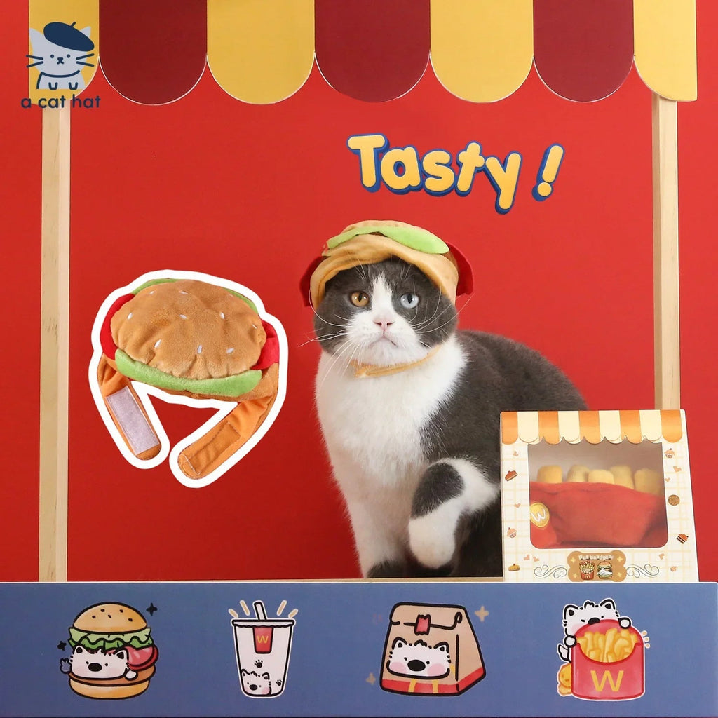 Dailypets Food Party Cat Hat and Scarf Set with Hamburger and Fries Designs