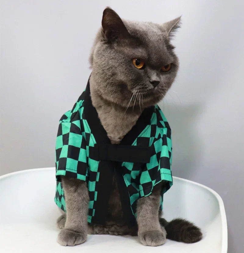 Dailypets Elegant Cat Kimono with Iconic Checkered Pattern for Everyday Dress-Up