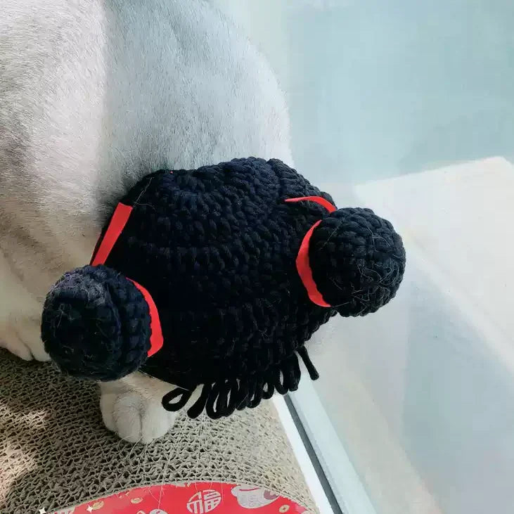 Dailypets Crocheted Bun Cat Hat with Red Ribbon Accents for Photo Sessions