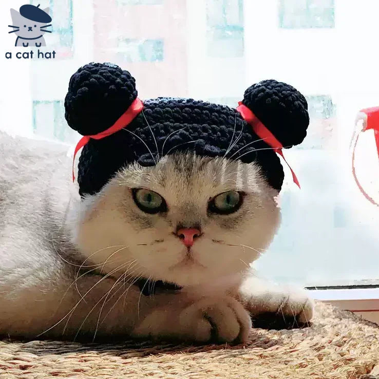 Dailypets Crocheted Bun Cat Hat with Red Ribbon Accents for Photo Sessions