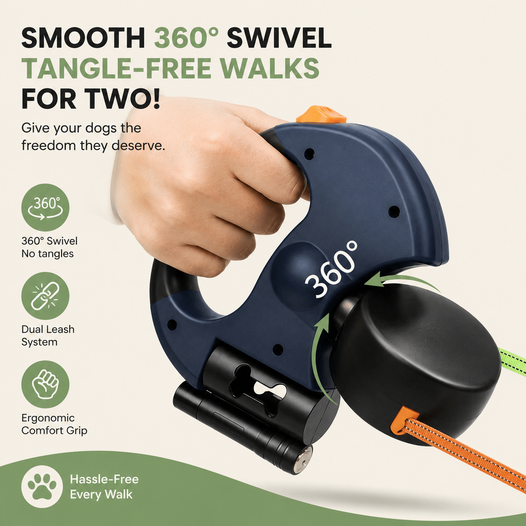 Dailypets Dual Retractable Dog Leash with LED Light & 360° Tangle-Free Rotation
