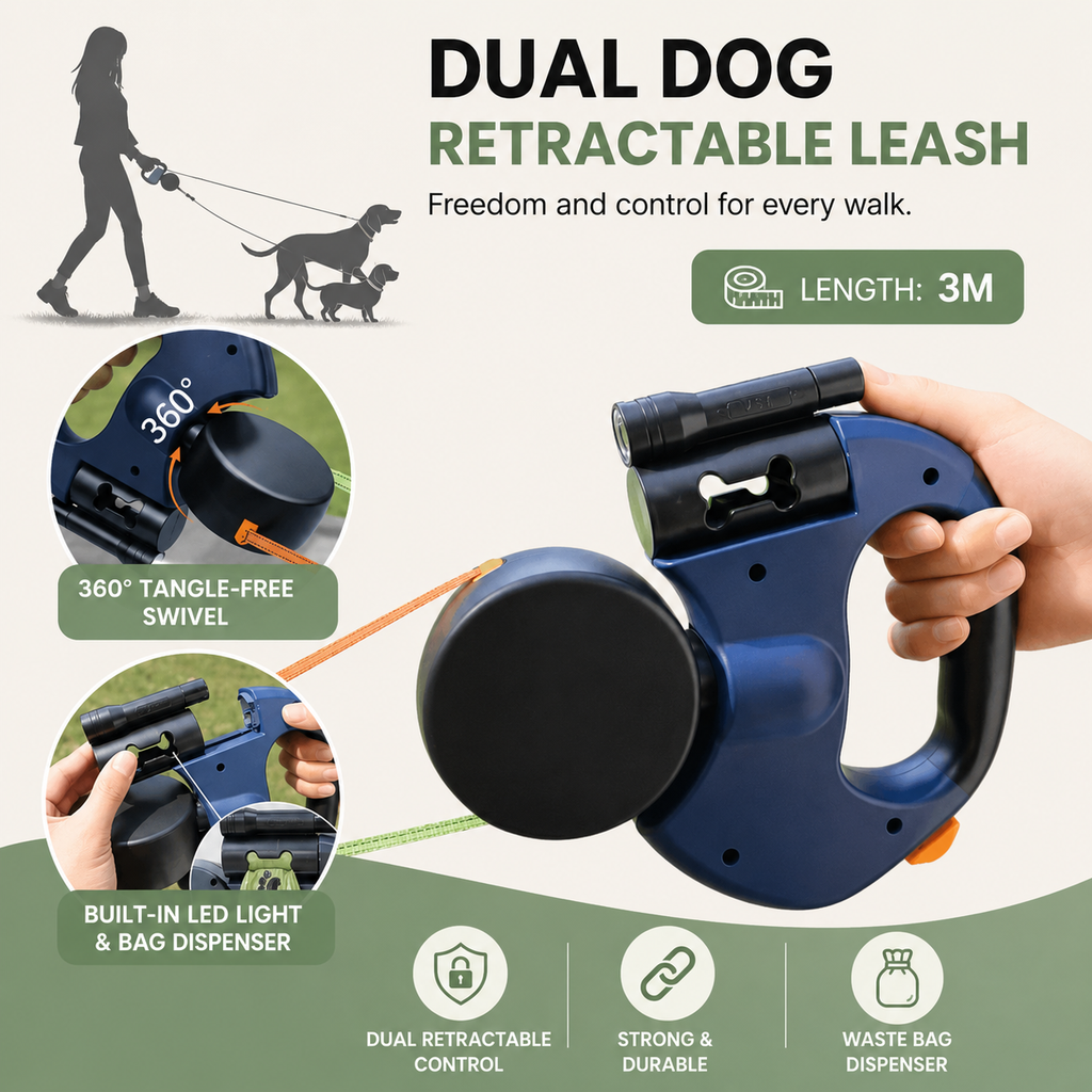 Dailypets Dual Retractable Dog Leash with LED Light & 360° Tangle-Free Rotation