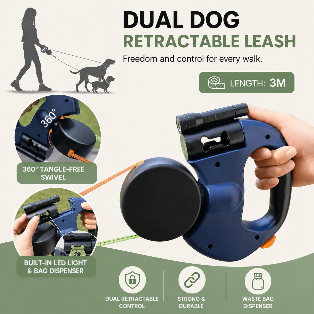 Dailypets Dual Retractable Dog Leash with LED Light & 360° Tangle-Free Rotation