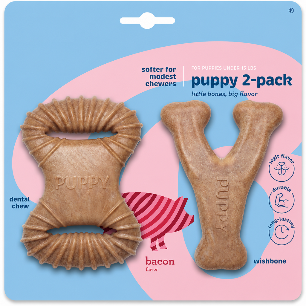 Dailypets Puppy Chew Toy Set with Dental Chew and Wishbone Bacon Flavor 2 Pack