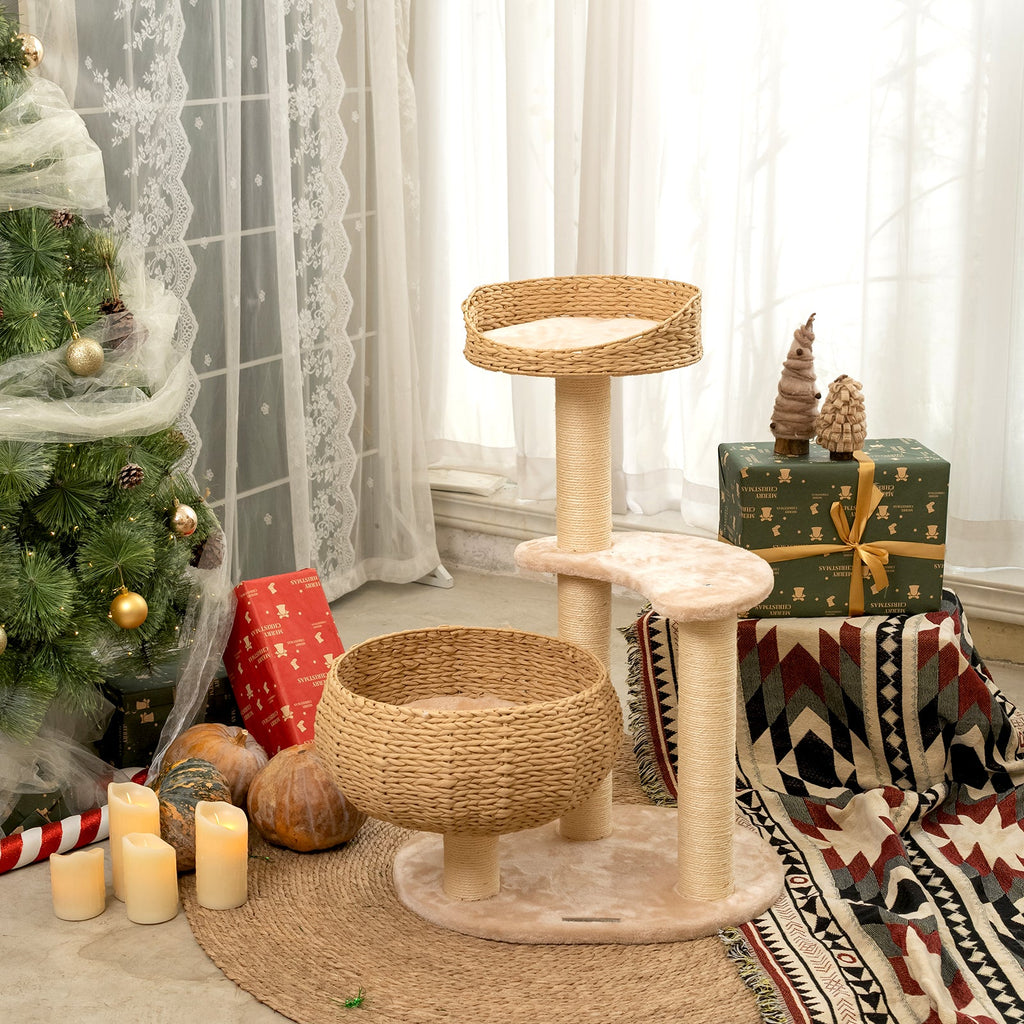 Dailypets Cat Tree 3 Tier Rattan Nest Tower with Sisal Scratching Posts