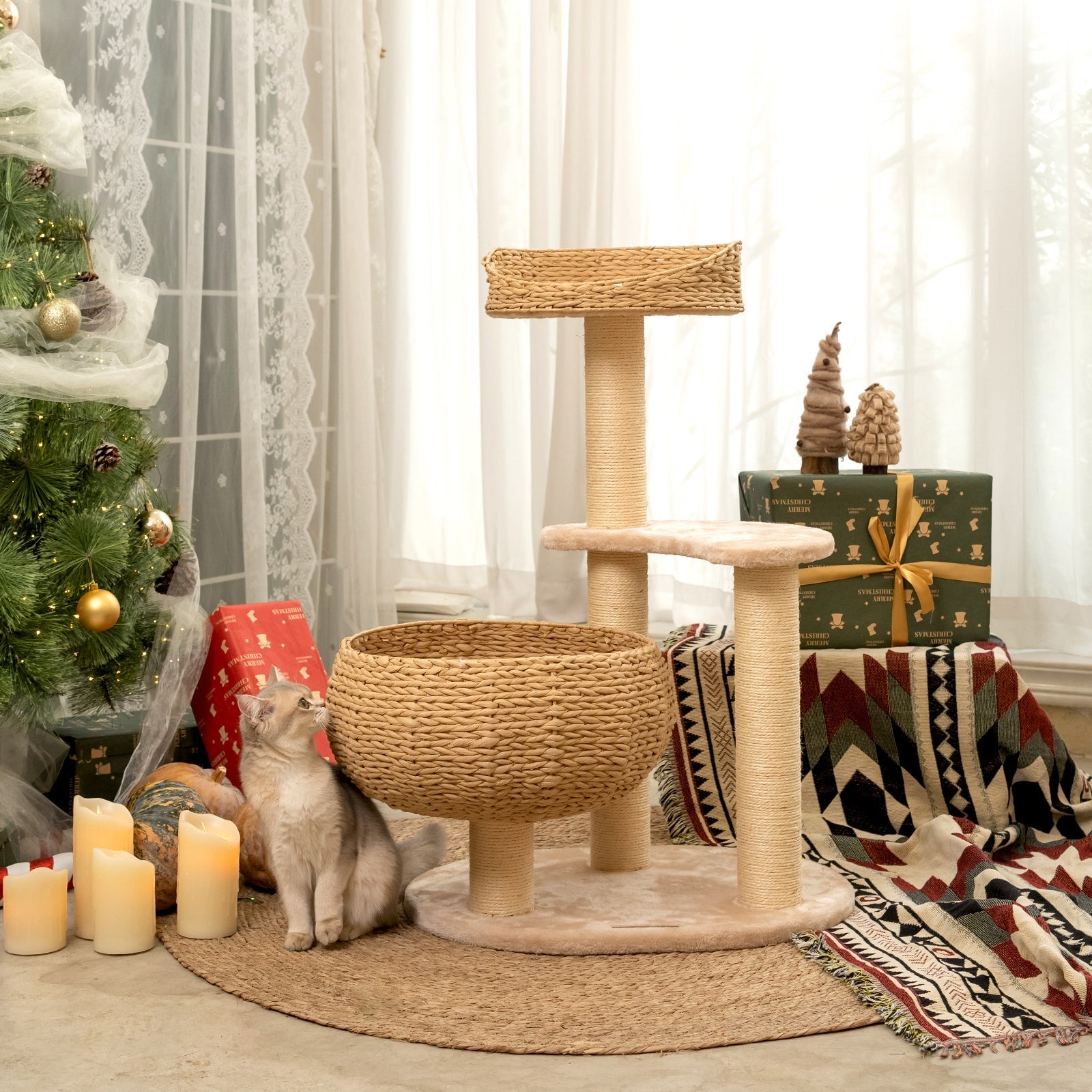Dailypets Cat Tree 3 Tier Rattan Nest Tower with Sisal Scratching Posts