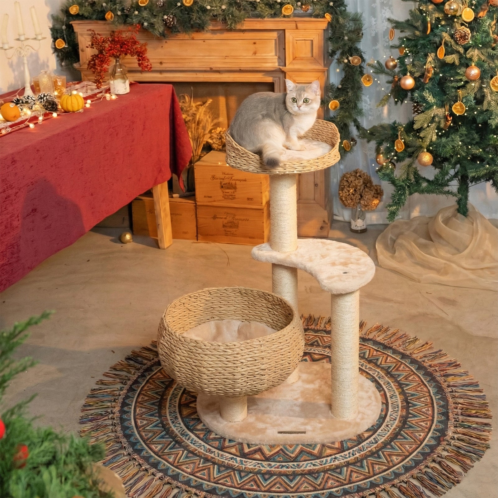 Dailypets Cat Tree 3 Tier Rattan Nest Tower with Sisal Scratching Posts