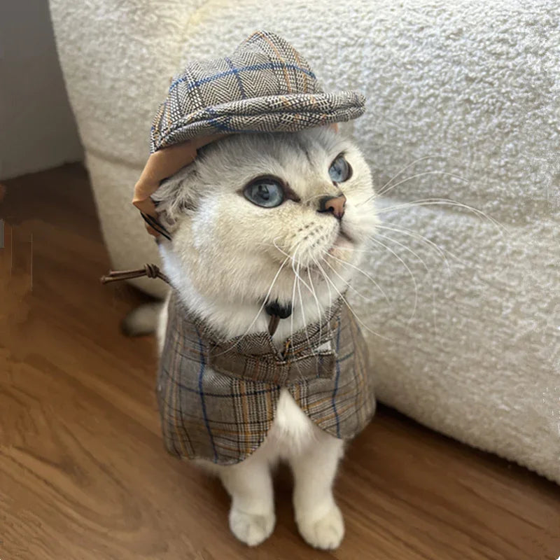 Dailypets Vintage Detective Cat Outfit with Matching Hat and Vest