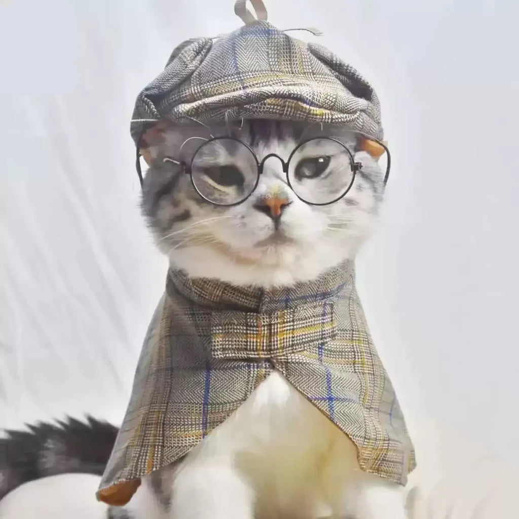 Dailypets Vintage Detective Cat Outfit with Matching Hat and Vest