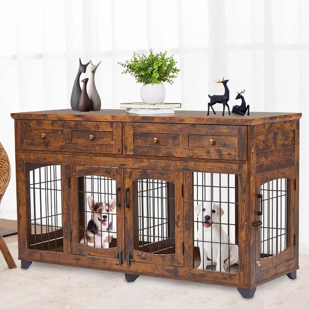 Dailypets 58-Inch Double Dog Crate Furniture with 5 Doors and Storage Drawers