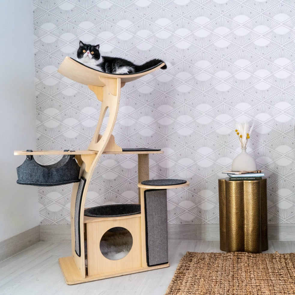Dailypets Wooden Cat Tree Condo, Multi-Level Tower with Hammock and Cubby