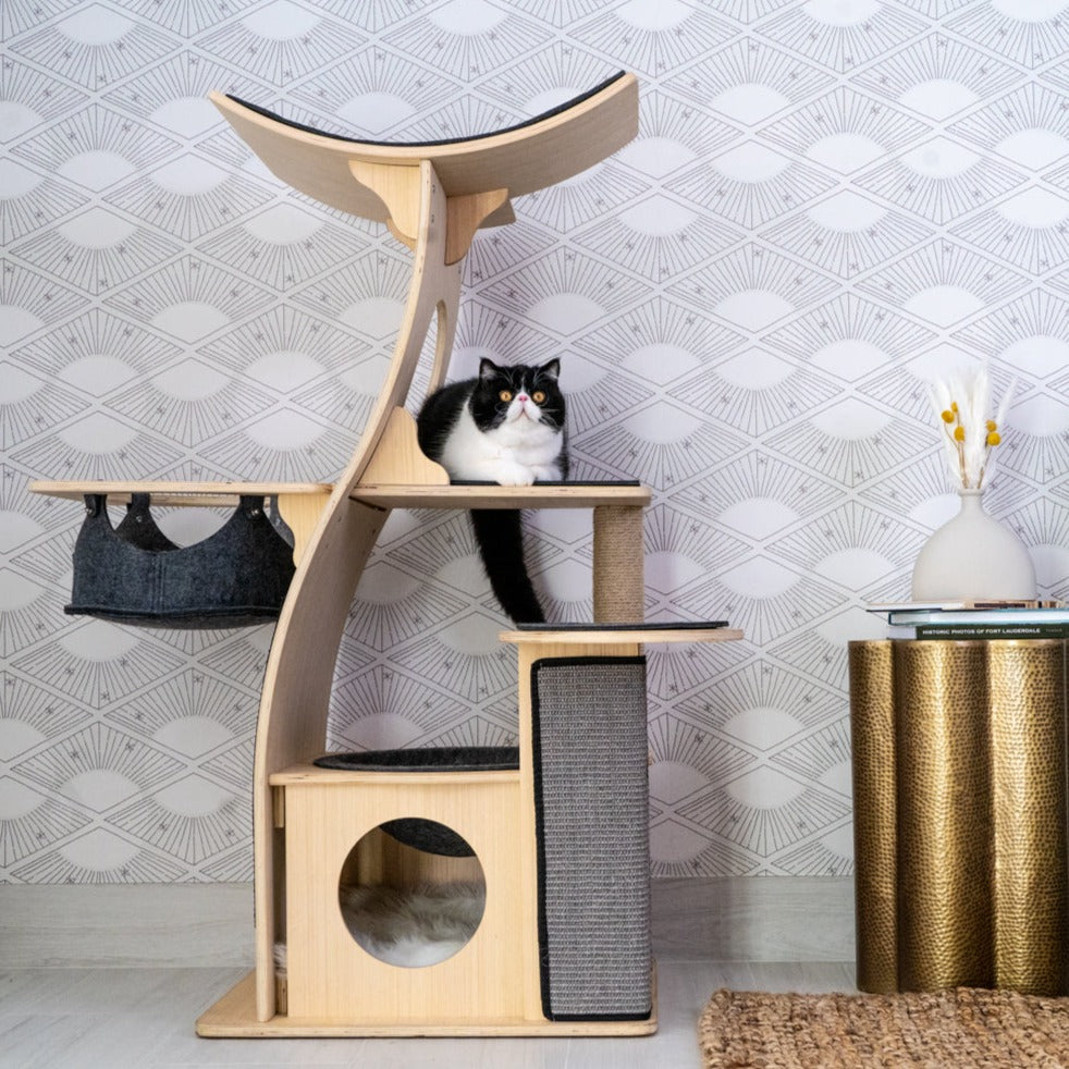 Dailypets Wooden Cat Tree Condo, Multi-Level Tower with Hammock and Cubby