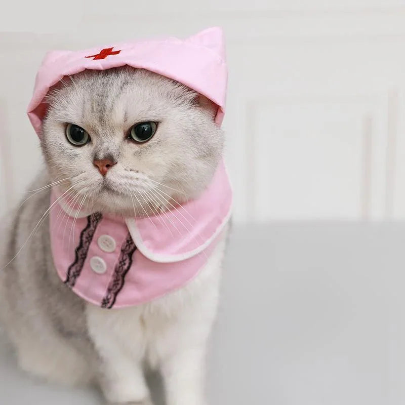 Dailypets Nurse Cat Costume Set with Hat and Lace Collar for Photo Sessions