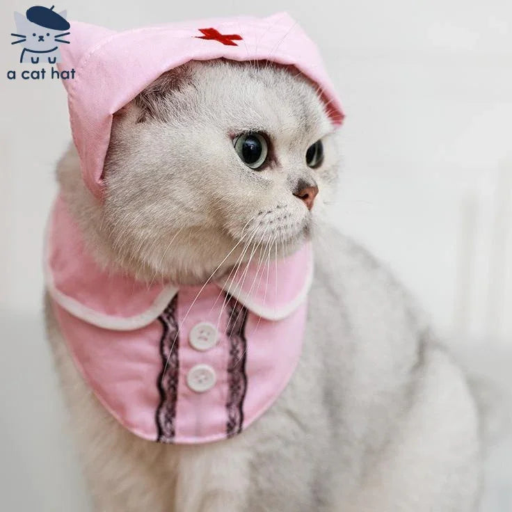 Dailypets Nurse Cat Costume Set with Hat and Lace Collar for Photo Sessions