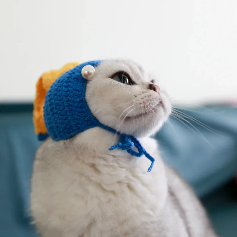 Dailypets Pearl Girl Knitted Cat Hat with Elegant Pearl Accents