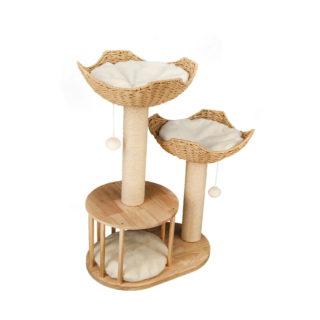 Dailypets Luxury Boho Cat Tree – Twin Woven Basket Cat Tower with Sisal Scratching Posts