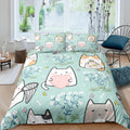 Dailypets Mint Green Cartoon Cat Bedding Set – Whimsical Floral Duvet Cover with Matching Pillowcases