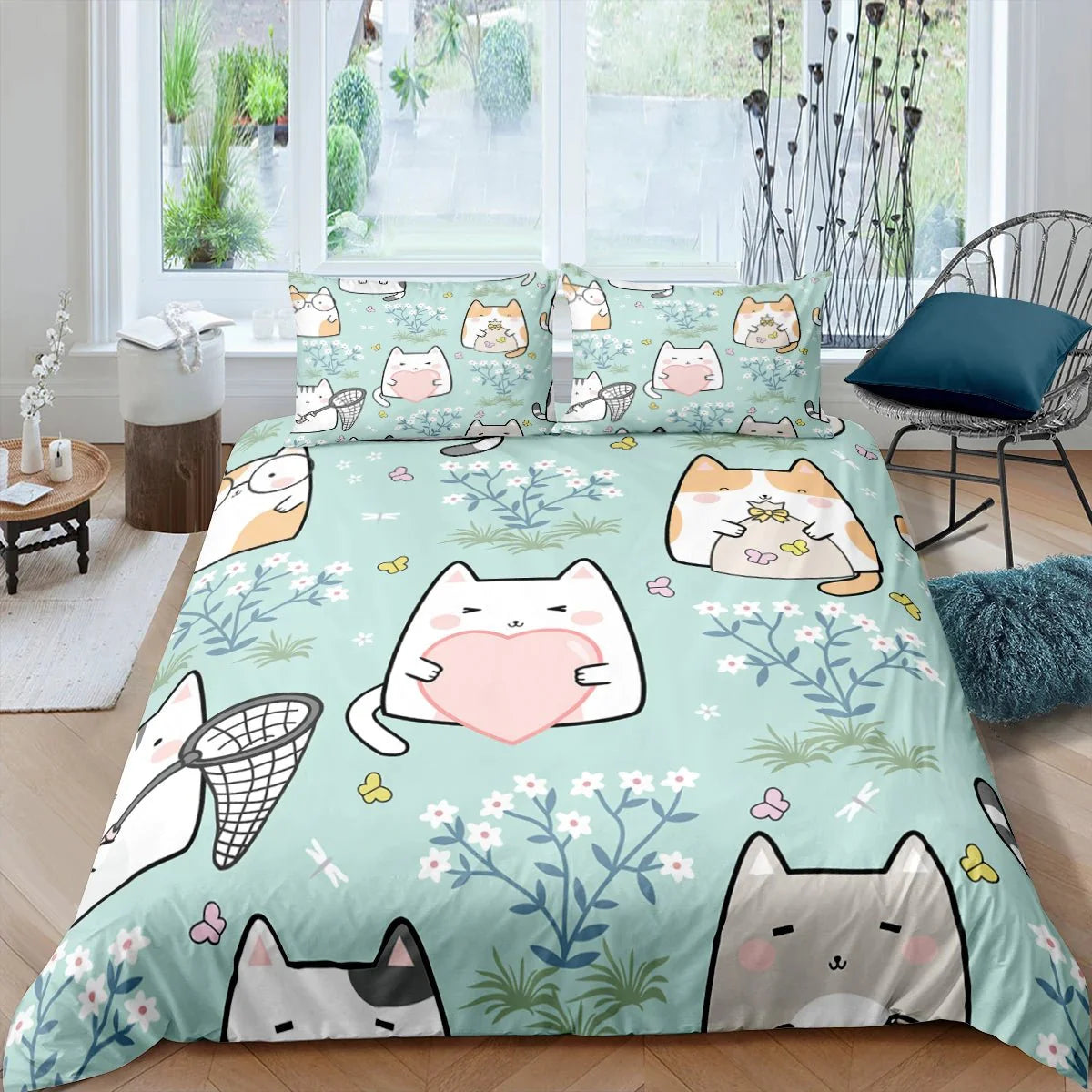 Dailypets Mint Green Cartoon Cat Bedding Set – Whimsical Floral Duvet Cover with Matching Pillowcases