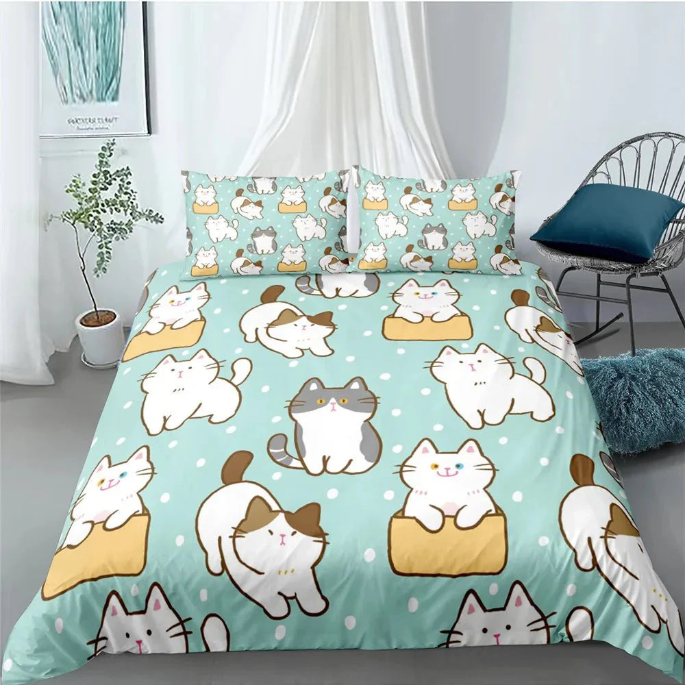 Dailypets Mint Cat Lover Bedding Set – Cartoon Cat Duvet Cover with Bottom Zipper