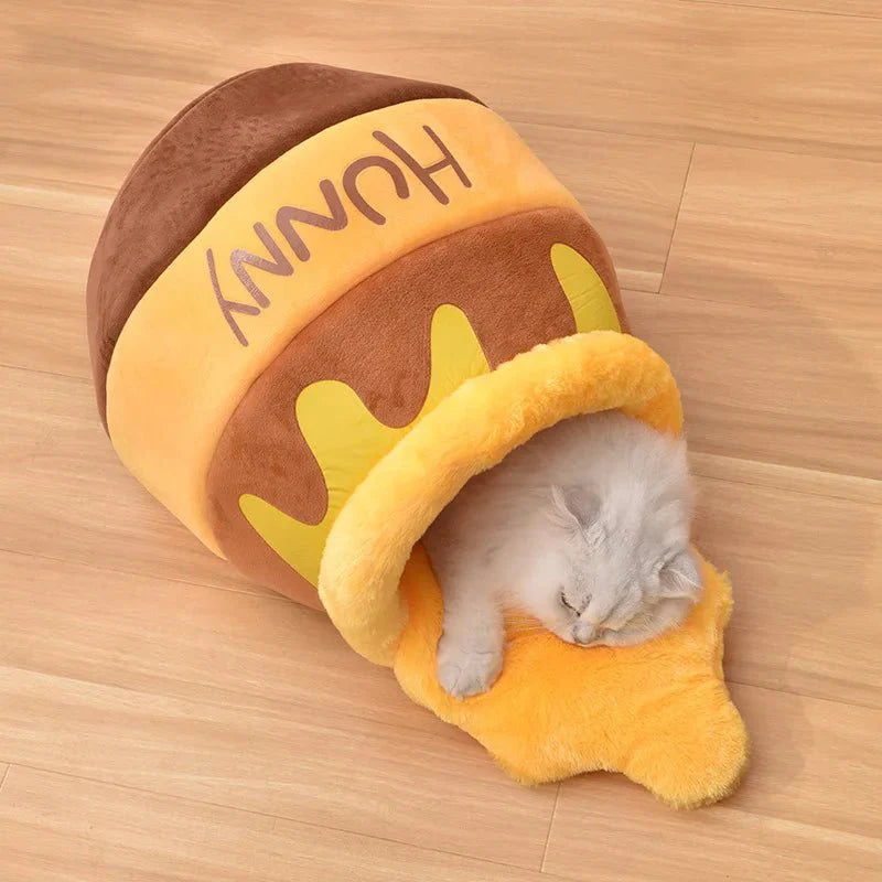 Dailypets Cute Cat Bed, Plush Honey Jar House with Cozy Cushion